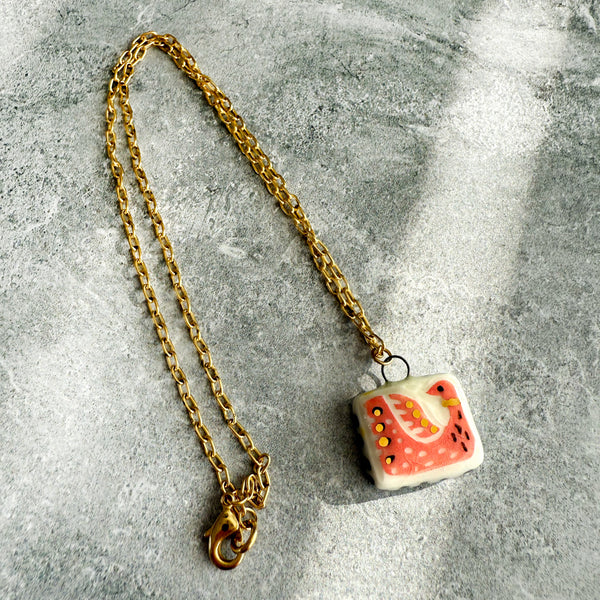 Pink Coral Bird Porcelain Charm with Gold Luster Antique Gold Necklace