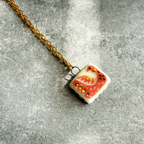 Pink Coral Bird Porcelain Charm with Gold Luster Antique Gold Necklace