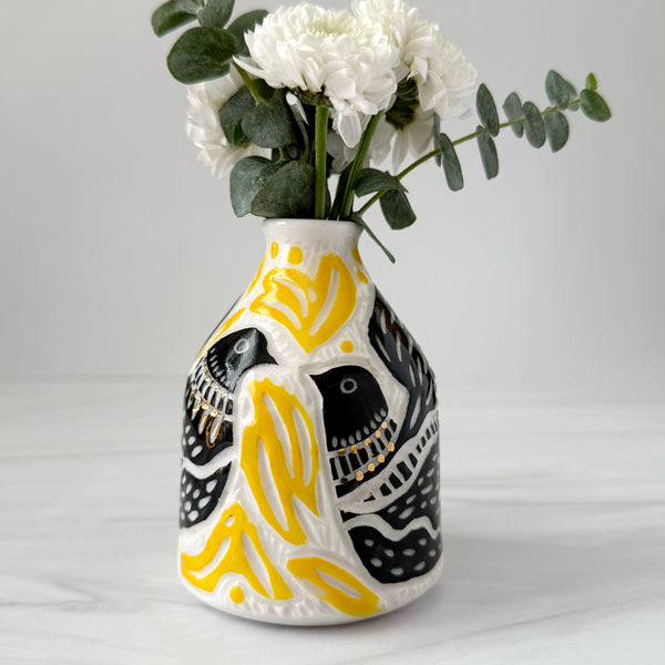 Ceramic Two Black Birds with Yellow Foliage and Gold Luster Bud Vase