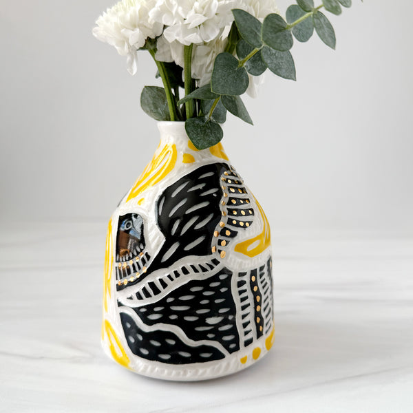 Ceramic Two Black Birds with Yellow Foliage and Gold Luster Bud Vase