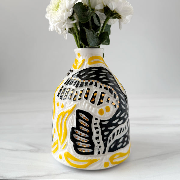 Ceramic Two Black Birds with Yellow Foliage and Gold Luster Bud Vase