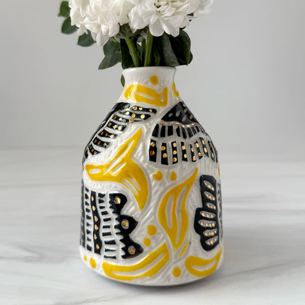 Ceramic Two Black Birds with Yellow Foliage and Gold Luster Bud Vase