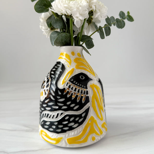 Ceramic Two Black Birds with Yellow Foliage and Gold Luster Bud Vase