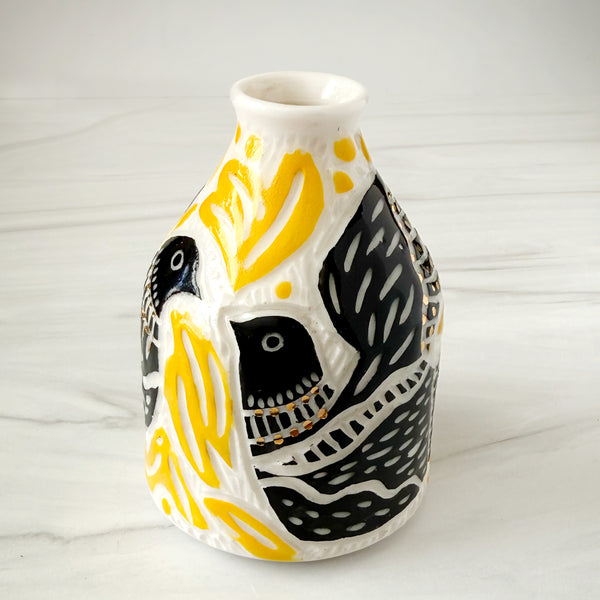 Ceramic Two Black Birds with Yellow Foliage and Gold Luster Bud Vase