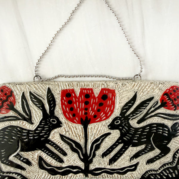Two Rabbits and Red Flowers Hanging Art