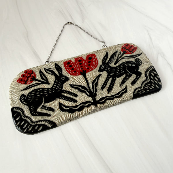 Two Rabbits and Red Flowers Hanging Art