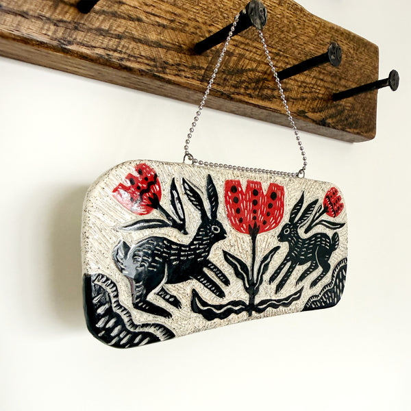 Two Rabbits and Red Flowers Hanging Art