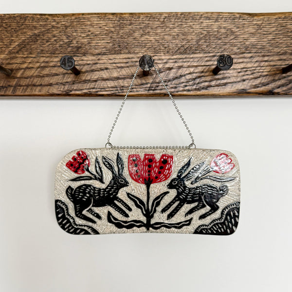 Two Rabbits and Red Flowers Hanging Art