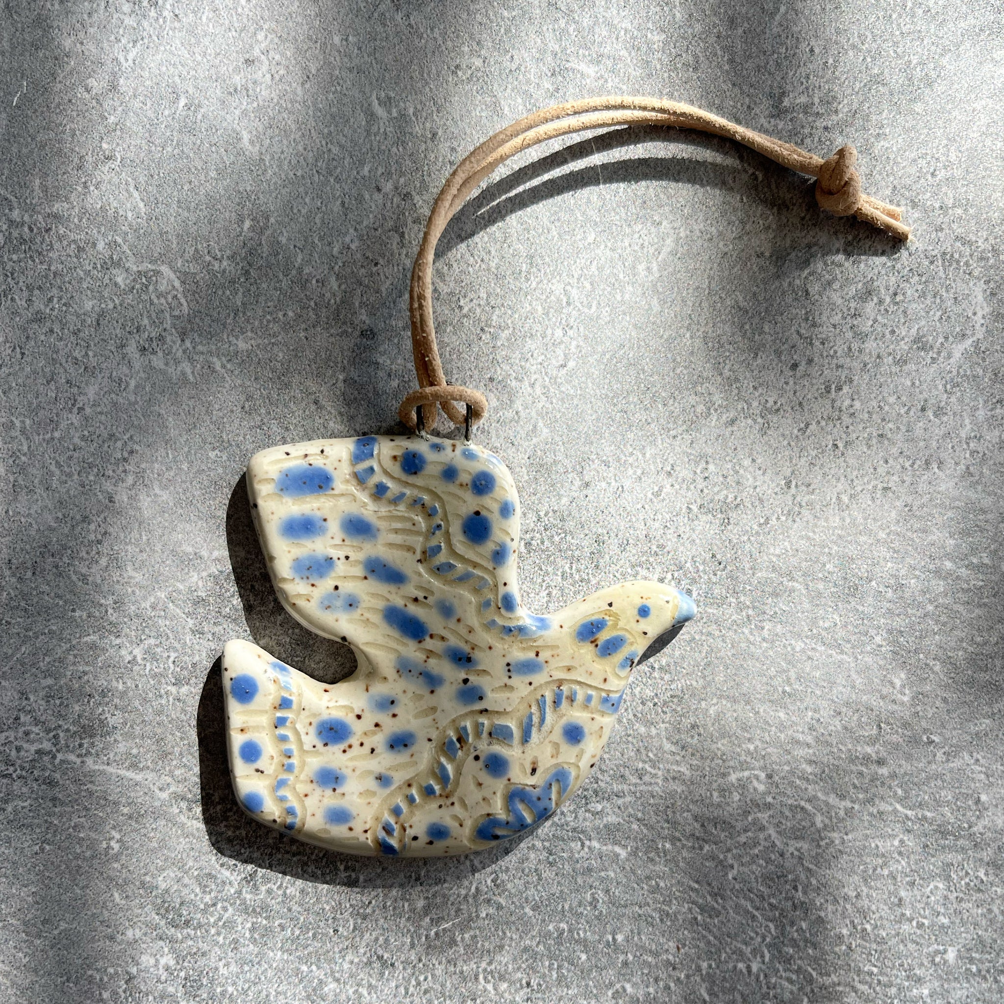 White and Blue Folk Bird Ceramic Charm