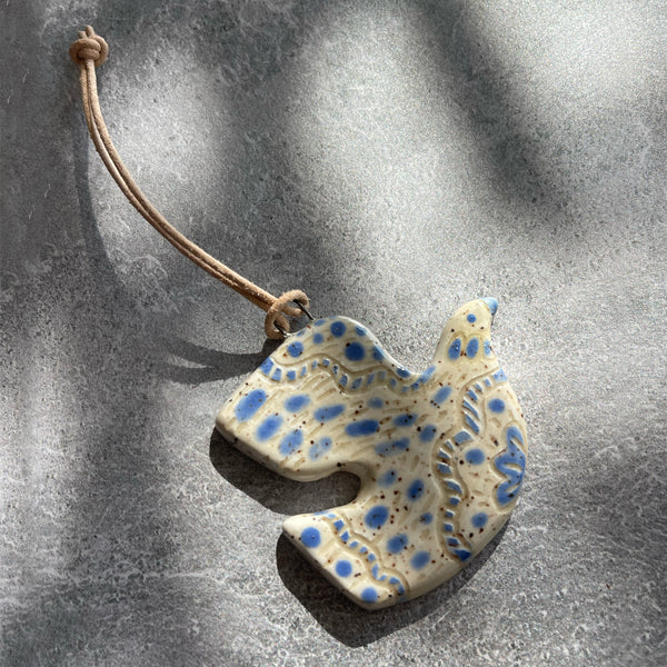 White and Blue Folk Bird Ceramic Charm