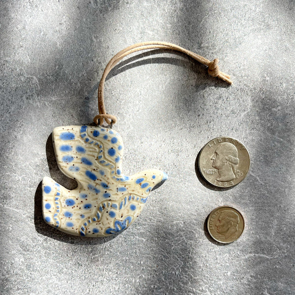 White and Blue Folk Bird Ceramic Charm